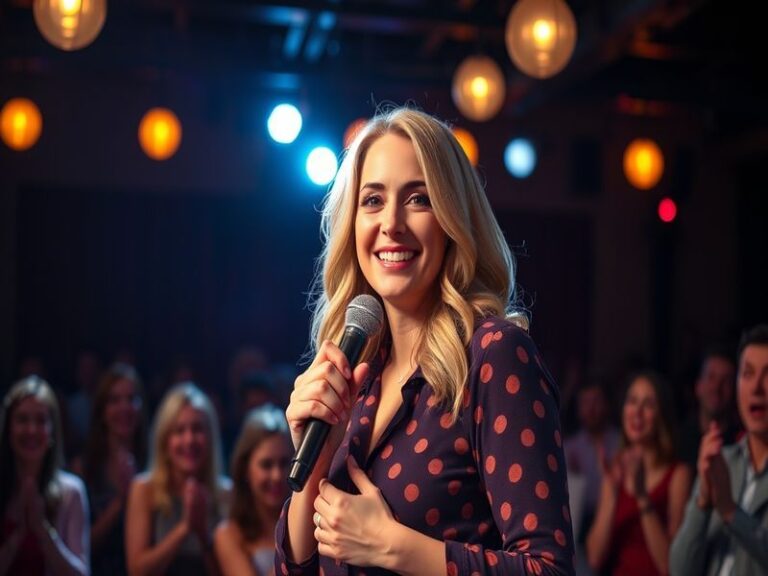 A vibrant stage setting featuring Sara Pascoe performing stand-up, with bright lights and an engaged audience.