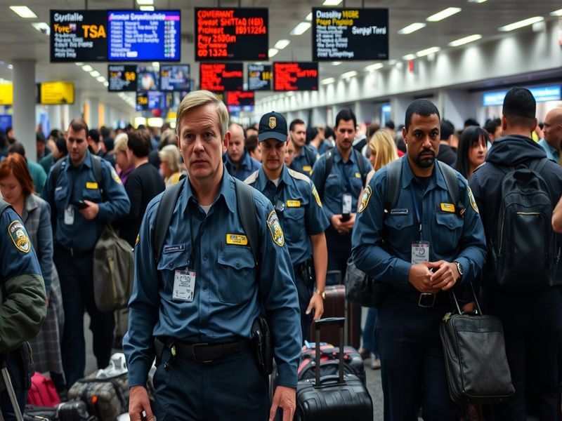 An image depicting TSA agents at work in an airport security checkpoint, showcasing diverse personnel and travelers during a