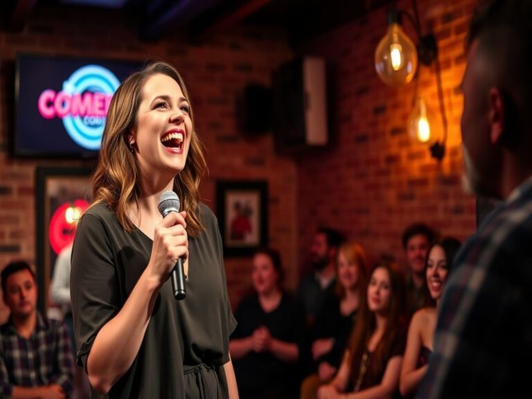 A vibrant stage shot of Sara Pascoe performing stand-up, showcasing her animated expressions and engaging with the audience.