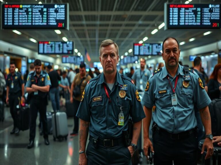An airport security checkpoint with TSA agents in action, highlighting the busy environment and the importance of security me