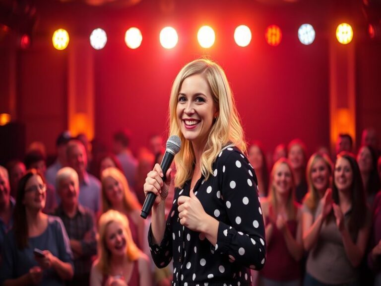 A candid mid-shot of Sara Pascoe on stage, microphone in hand, with warm stage lighting highlighting her expressive face and