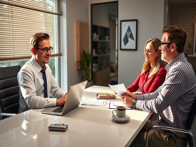 An image depicting a mortgage officer consulting with a client, showcasing paperwork and a laptop in a modern office setting.
