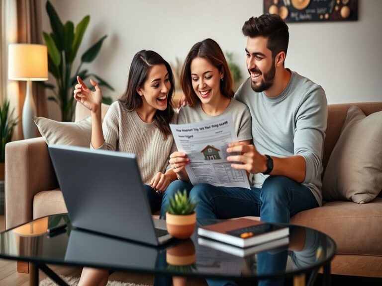 A family standing in front of their new home, smiling with keys in hand, showcasing joy and achievement in homeownership.