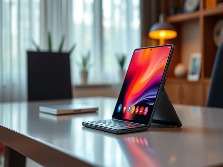 An image showcasing the Samsung Galaxy Z Fold 8 open, highlighting its large display and sleek design, set against a modern b