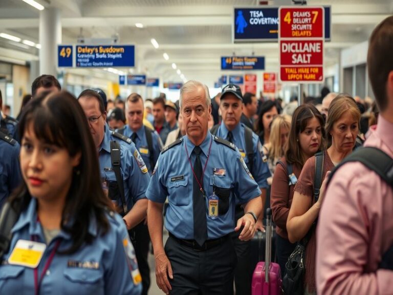 A TSA agent in uniform standing at an airport security checkpoint, looking weary. The background shows long security lines wi