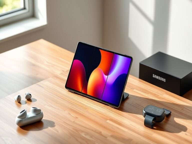 An image showcasing the Samsung Galaxy Z Fold 8 opened to reveal its large display, surrounded by various tech accessories, c