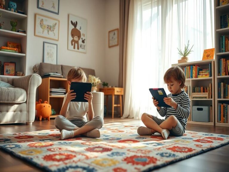 An image depicting children engaging with educational apps on tablets in a cozy family setting, illustrating the balance betw