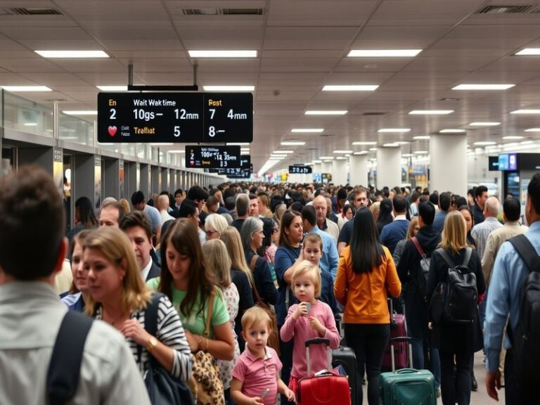 A bustling scene at Dallas/Fort Worth International Airport, showcasing travelers in line at a TSA checkpoint, with signs ind