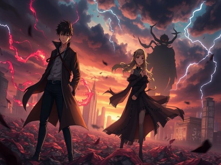 A dynamic illustration of Yuji Itadori and Mahito facing off in a chaotic, blood-soaked arena filled with curses and shattere