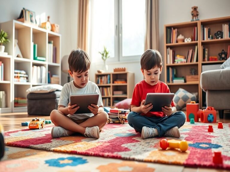 An image depicting children engaging with various screens, such as tablets and smartphones, in a lively environment, showcasi