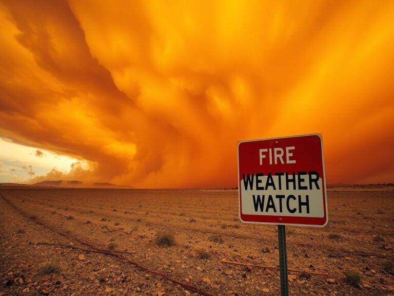 A dramatic landscape of a dry forest under a blue sky with ominous clouds, illustrating the potential for wildfire conditions