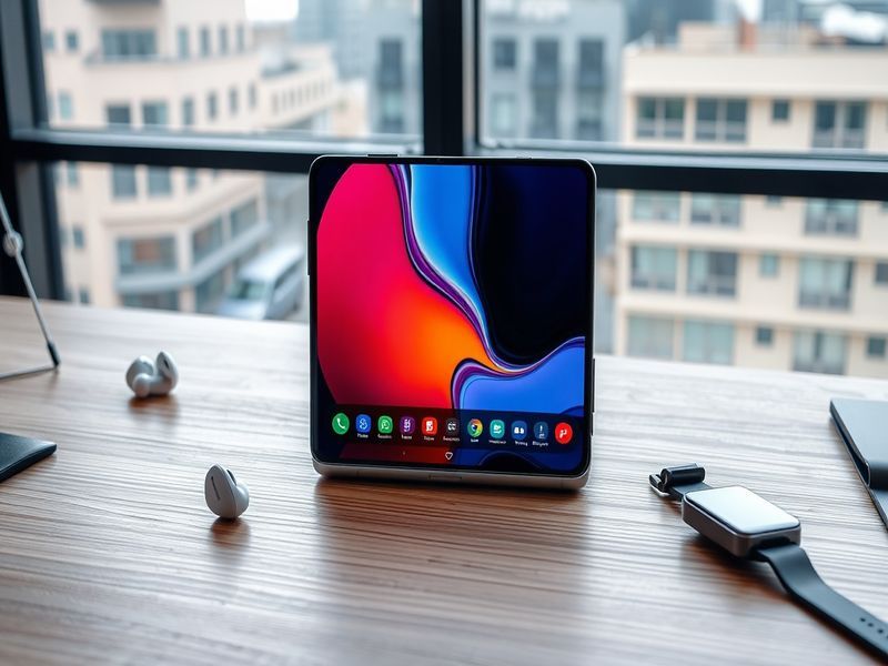 An image showcasing the Samsung Galaxy Z Fold 8 opened and closed, highlighting its sleek design and vibrant displays.