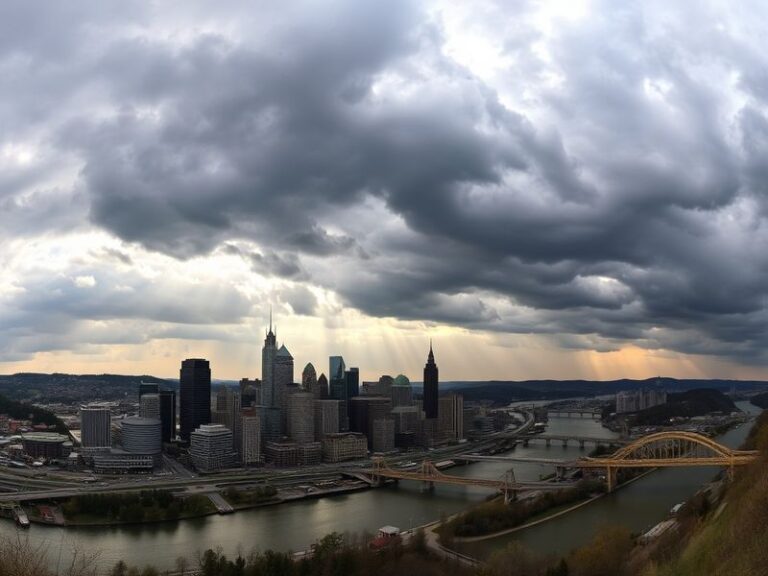 A scenic view of Pittsburgh with a mix of seasonal elements: colorful autumn leaves, snow-capped rooftops, and a sunny summer