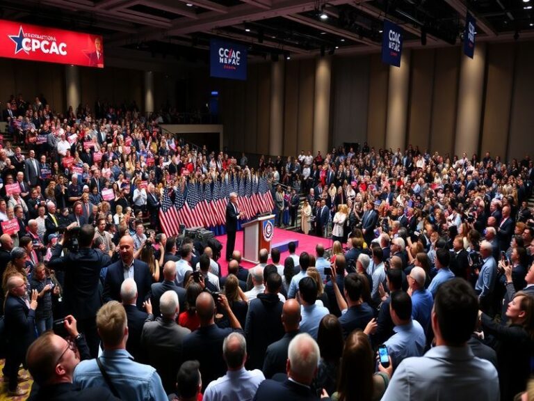 A vibrant image of a CPAC event showing a diverse crowd of attendees engaged in discussions, with banners and speakers in the