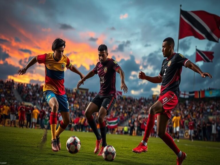 A dynamic action shot of a Venezuela vs Trinidad and Tobago football match, with players in red and blue kits competing for t