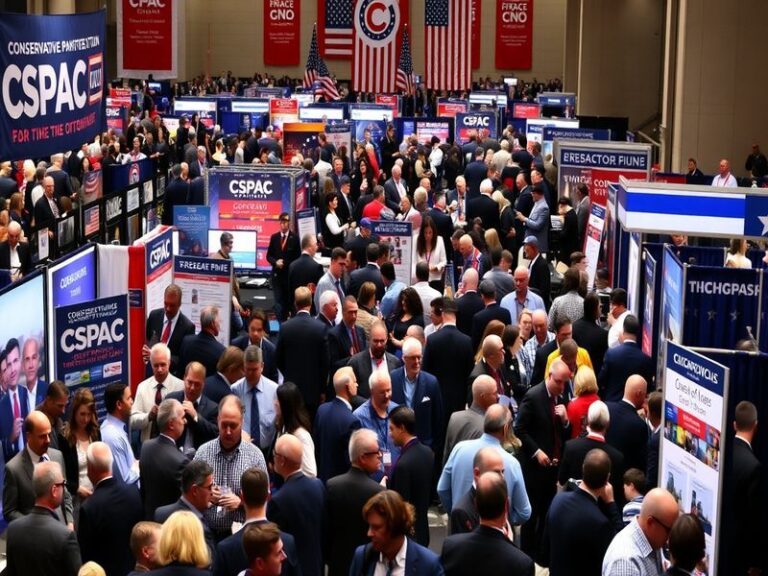 An image of the CPAC conference with attendees engaged in discussions, featuring banners of various conservative organization