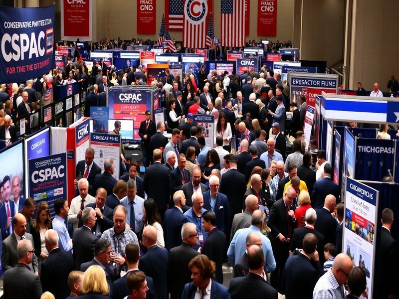 An image of the CPAC conference with attendees engaged in discussions, featuring banners of various conservative organization
