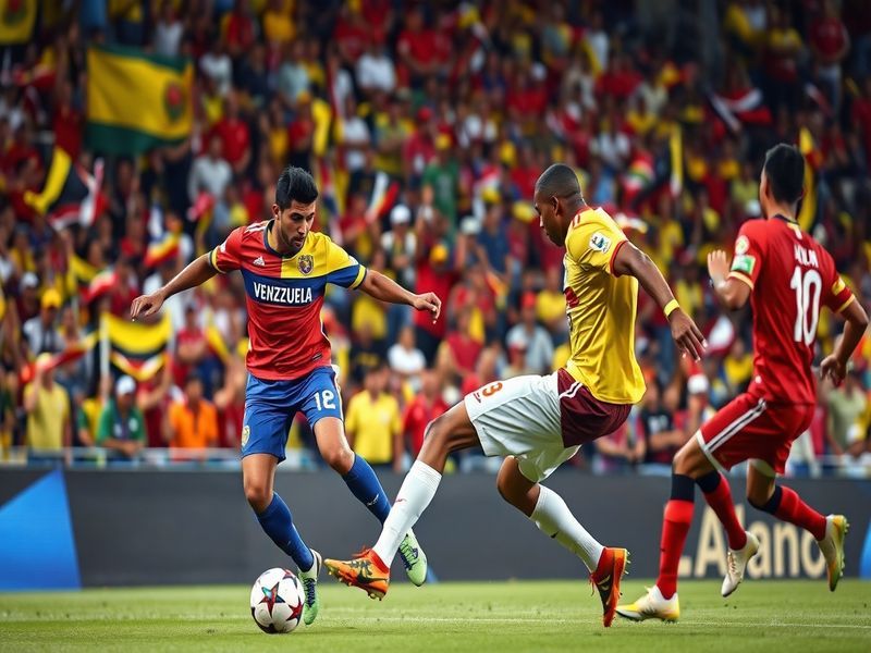 A dynamic action shot of a Venezuela vs Trinidad and Tobago match, featuring players in red and blue jerseys mid-play on a vi