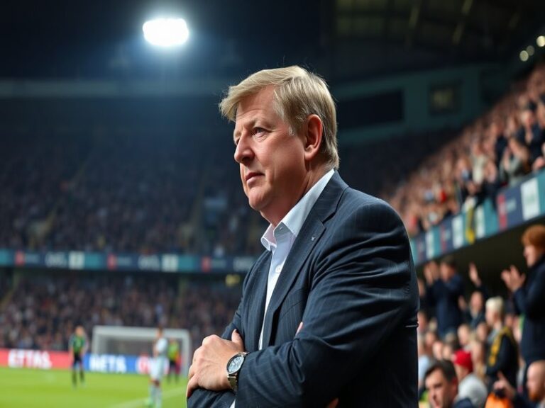 A portrait of Roy Hodgson on the sidelines during a football match, exuding focus and determination, with players in action i