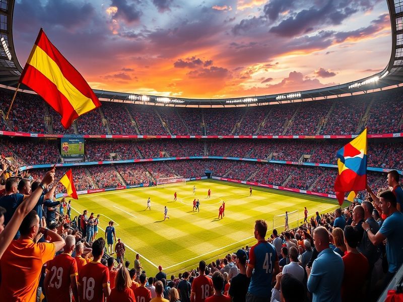 A vibrant football stadium filled with fans during a friendly match, showcasing diverse teams and an electric atmosphere.