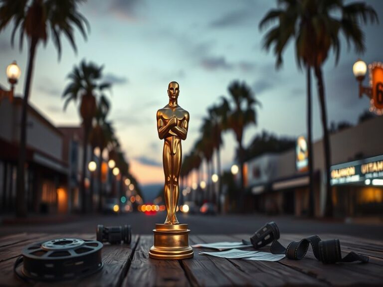 A split-image scene: on the left, the iconic Hollywood sign fading into a sunset; on the right, the Samuel Goldwyn Theater in