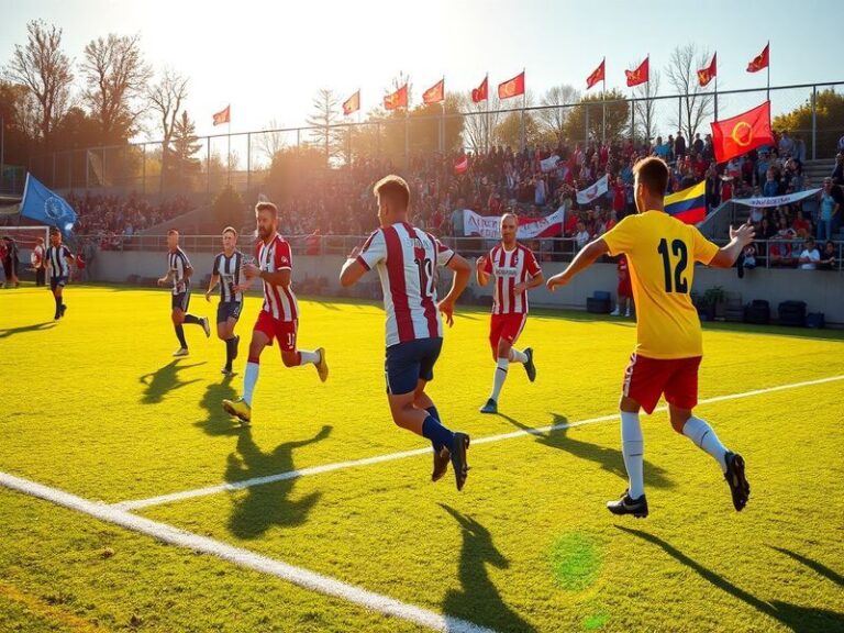 A vibrant football stadium filled with fans during a club friendly match, capturing the excitement and atmosphere of pre-seas