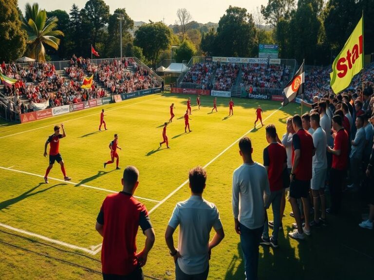A vibrant scene of a football match, showcasing players in action during a friendly game, with fans cheering in the backgroun