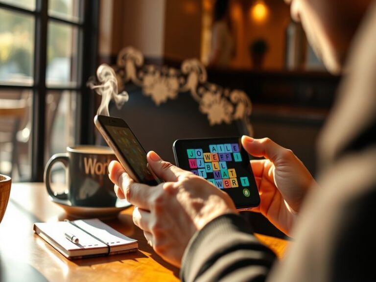 A split-screen image showing a smartphone displaying today's Wordle puzzle with a green-checkmarked victory screen on one sid