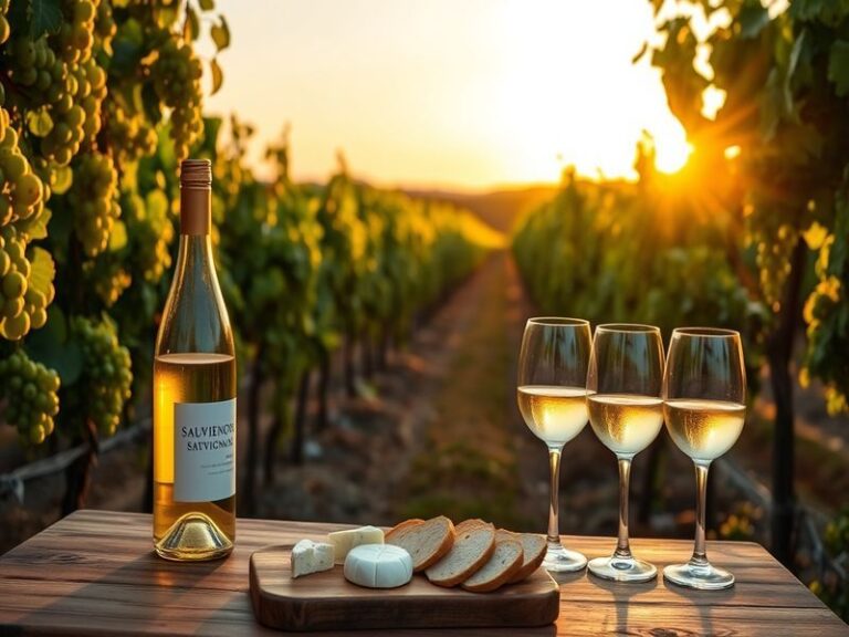 A picturesque vineyard with lush green grapes, showcasing Sauvignon Blanc grapes under a clear blue sky, capturing the essenc
