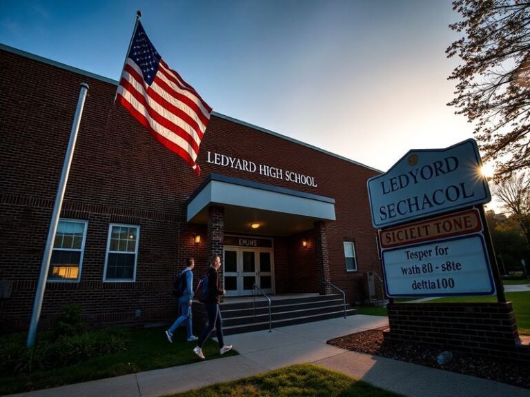 A vibrant photo of Ledyard High School, showcasing students engaged in various activities, with a backdrop of the school buil