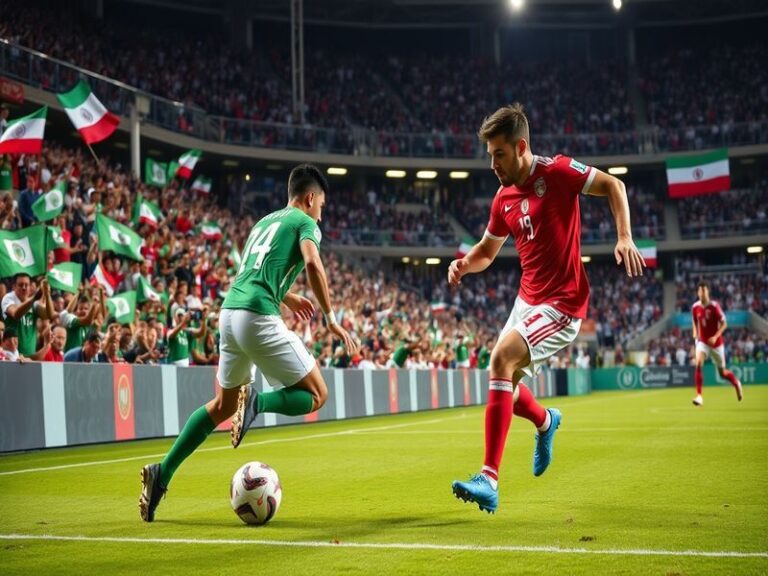 An action shot of Iranian and Nigerian football players competing on the field, showcasing their athleticism and intensity du