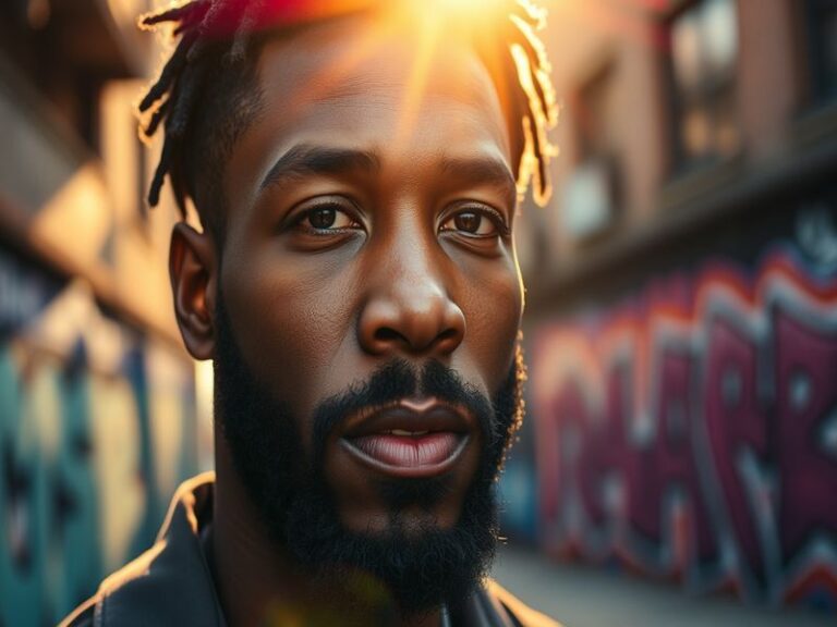 A portrait of Ebon Moss-Bachrach, showcasing his expressive features and engaging demeanor, set against a backdrop of a film