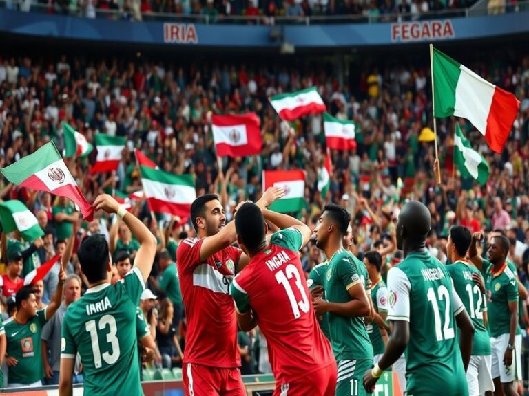 A split-screen image showing Iran's disciplined defensive formation on one side and Nigeria's attacking players in vibrant gr