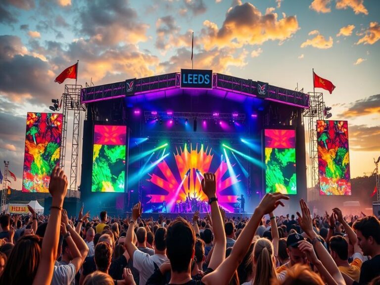 A vibrant scene from Leeds Festival showcasing a crowd enjoying live music, colorful lights, and festival decorations.