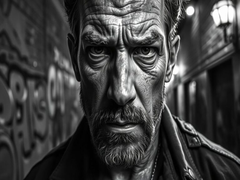 A portrait of Jon Bernthal in a dramatic pose, showcasing his intense expression, set against a blurred background of a film