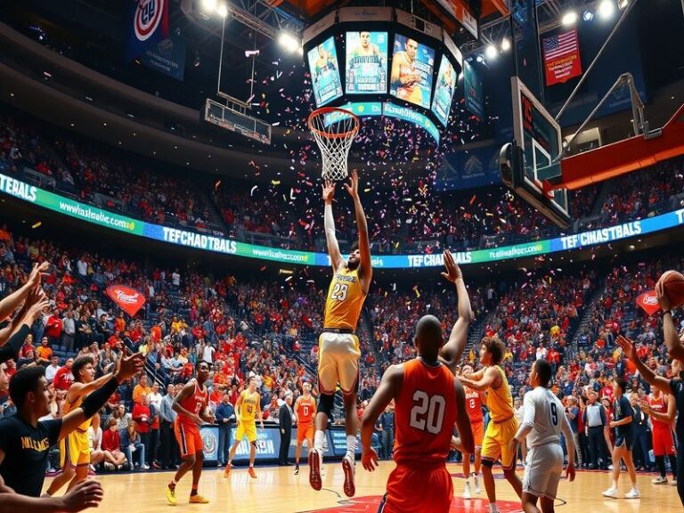 A vibrant scene of a packed college basketball arena during the NCAA Tournament, showcasing enthusiastic fans, team colors, a