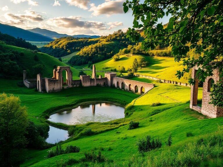 A serene view of Vaux de Cernay showcasing the abbey ruins set against lush greenery and tranquil waters, evoking a sense of