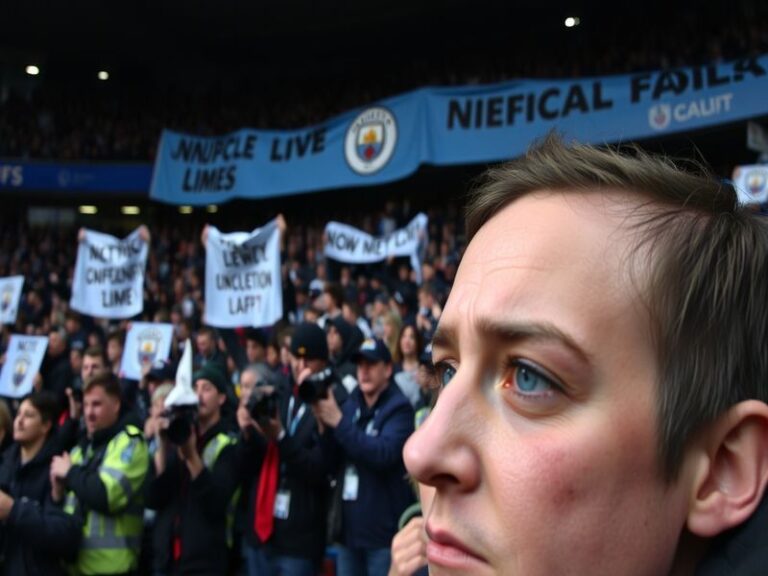 An image of Manchester City's stadium with fans in the stands, showcasing a mix of emotions, highlighting the tension surroun