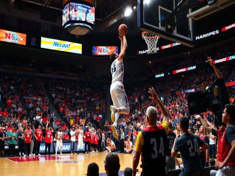 A vibrant scene of a packed college basketball arena during the NCAA Tournament, featuring a jubilant crowd, players on the c