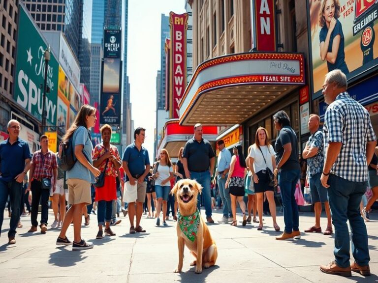 A vibrant scene from the Broadway adaptation of Dog Day Afternoon, featuring actors in dramatic poses, a bank setting, and an