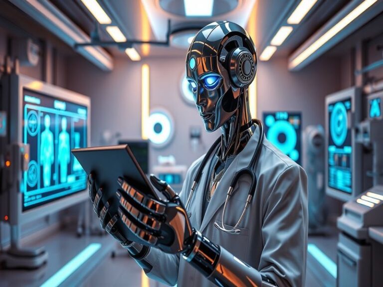 An illustration depicting a futuristic medical setting with AI technology assisting doctors and patients, showcasing advanced