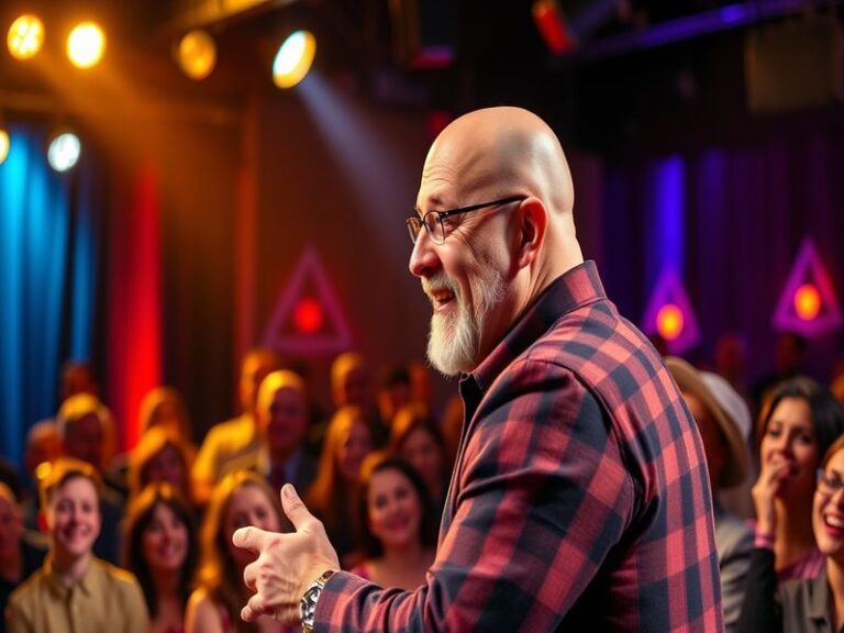 A vibrant stage scene featuring Jeff Ross performing stand-up comedy, with a spotlight shining on him and an engaged audience