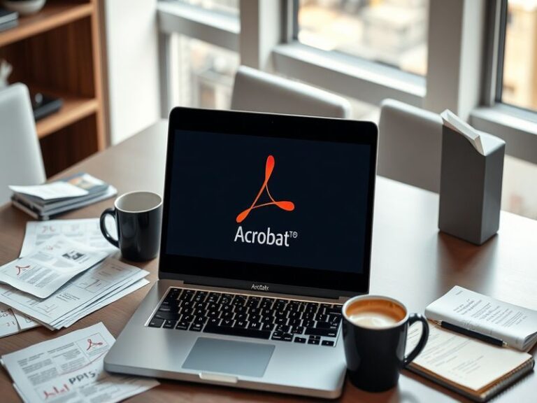 An illustrative image showing a computer screen with Adobe Acrobat open, displaying a PDF document being edited, with tools h