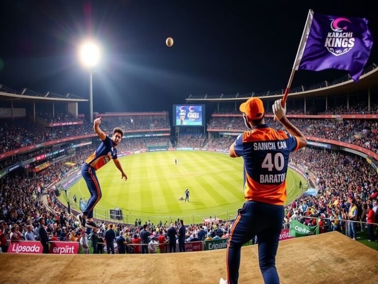 A vibrant match scene showcasing the Karachi Kings and Quetta Gladiators, with fans in team colors, a packed stadium, and pla