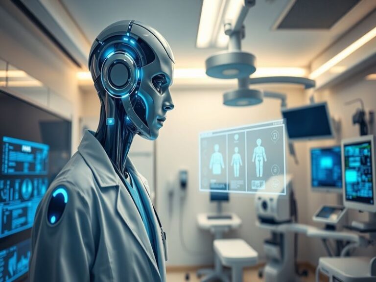 An illustration depicting a futuristic medical setting with AI technology assisting doctors in patient care, highlighting the