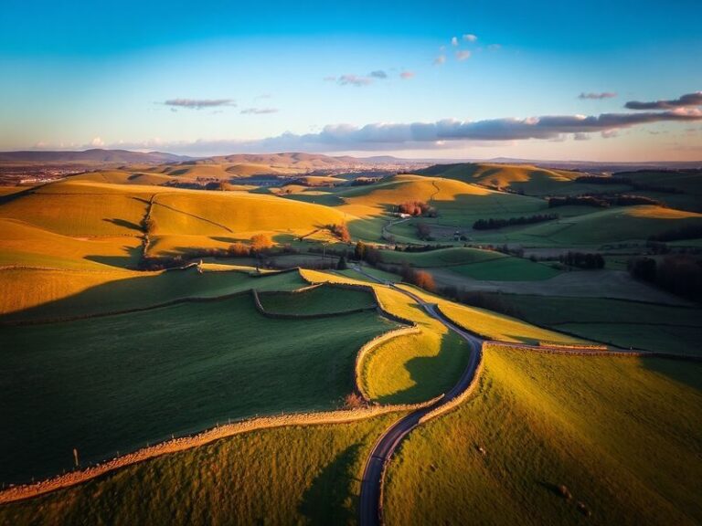 A scenic view of Hambleton with lush green landscapes, historical buildings, and a clear blue sky, capturing the essence of t