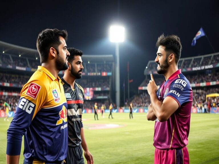 A vibrant cricket stadium packed with fans wearing blue and yellow jerseys, cheering under bright lights. The Karachi Kings a