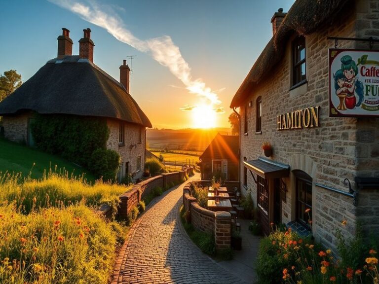 A scenic view of Hambleton's rolling hills, with a quaint village in the foreground and a bright blue sky.