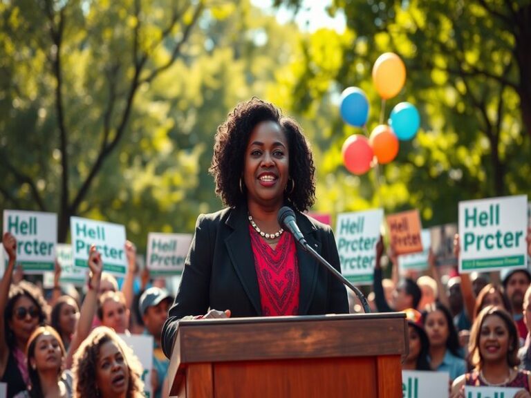 A portrait of Sheila Cherfilus-McCormick speaking at a community event, with diverse attendees engaged and listening attentiv