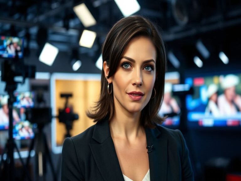 A vibrant portrait of Abby Huntsman, smiling confidently, set against a backdrop of a television studio.